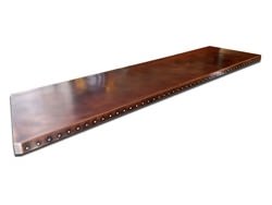 Copper bar table top with dark wash patina and rivets - view 4