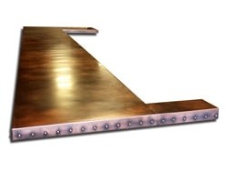 Copper bar table top with dark patina and round rivets