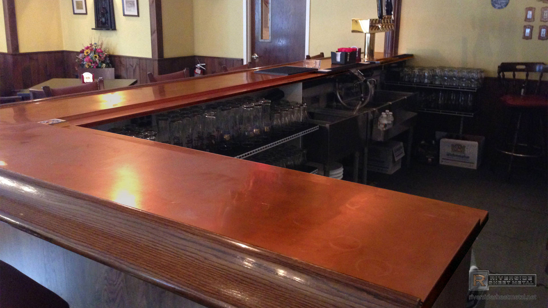 Copper bar top with wooden arm molding rest  MA, USA