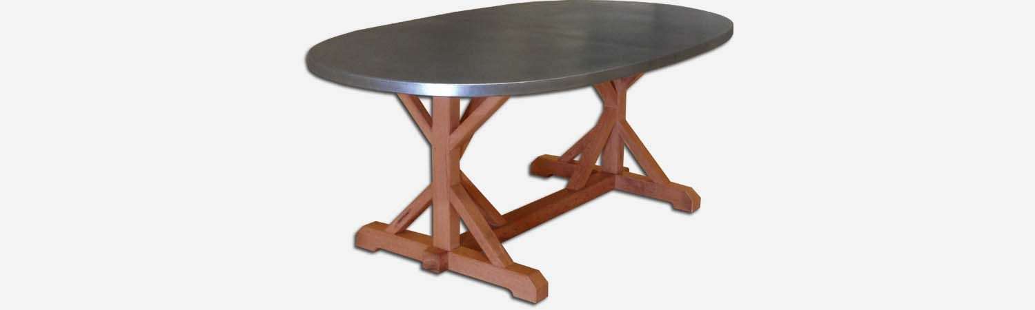 Zinc oval table top with wooden base