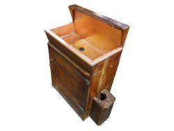 Custom copper sink over wooden cabinet