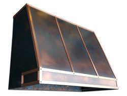 Copper hood vent custom made with aged patina and polished bandings