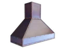 Copper range hood custom made with patina, bandings and rivets