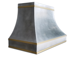 Zinc range hood with French curve, satin finish and brass bandings