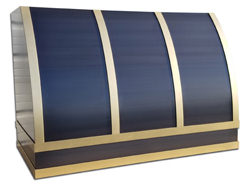 HV001 - Darkened stainless steel barrel range hood with brass bandings