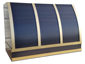Darkened stainless steel barrel range hood with brass bandings - view 1