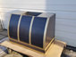 Darkened stainless steel barrel range hood with brass bandings - view 3