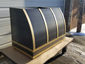 Darkened stainless steel barrel range hood with brass bandings - view 5