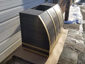 Darkened stainless steel barrel range hood with brass bandings - view 6