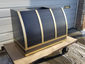 Darkened stainless steel barrel range hood with brass bandings - view 7