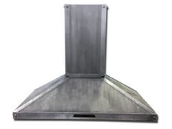 Kitchen hood vent with dark patina zinc and rivets installed