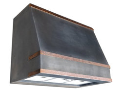 Zinc hood vent with hammered aged copper bars and dark patina finish