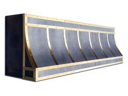 Zinc range hood vent with brushed brass bandings. Custom made to order. Dark patina applied