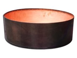 Round copper planter with dark patina pre-weathered finish